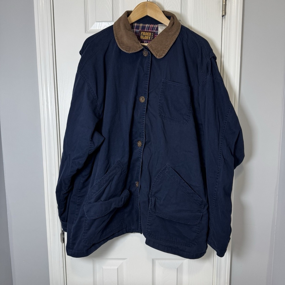 Vtg 90s Womens Faded Glory Navy Canvas Corduroy Collar Barn Chore Coat Jacket XL